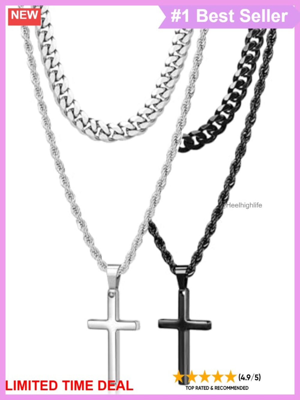 Stainless Steel Cross Necklace Set Cuban Link Layered Men's Jewelry Gift